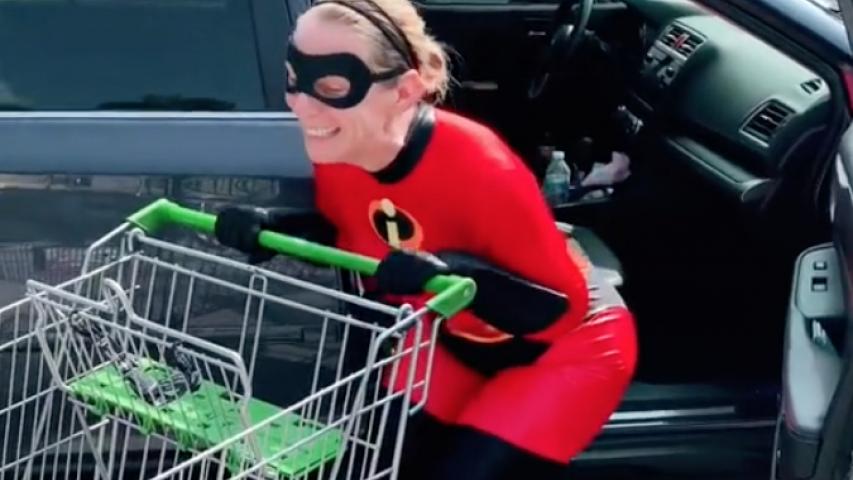 Charlotte Wines dressed as Miss Incredible going into Publix for cookies